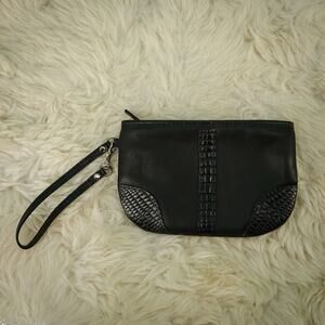 Levenger Black Leather Croc Embossed Zip Wrist Strap Purse Clutch Wristlet Bag